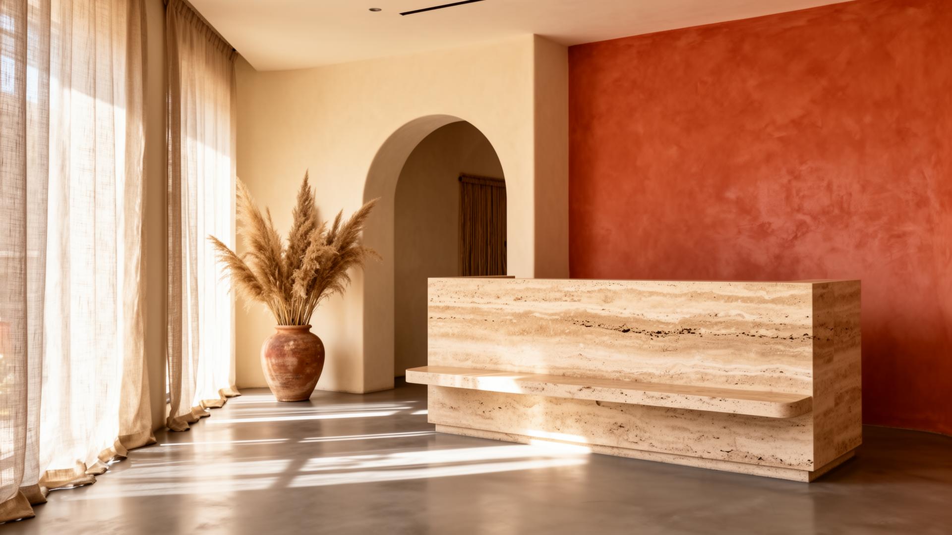 SlowBurn reception lobby — travertine, limewash, and natural light